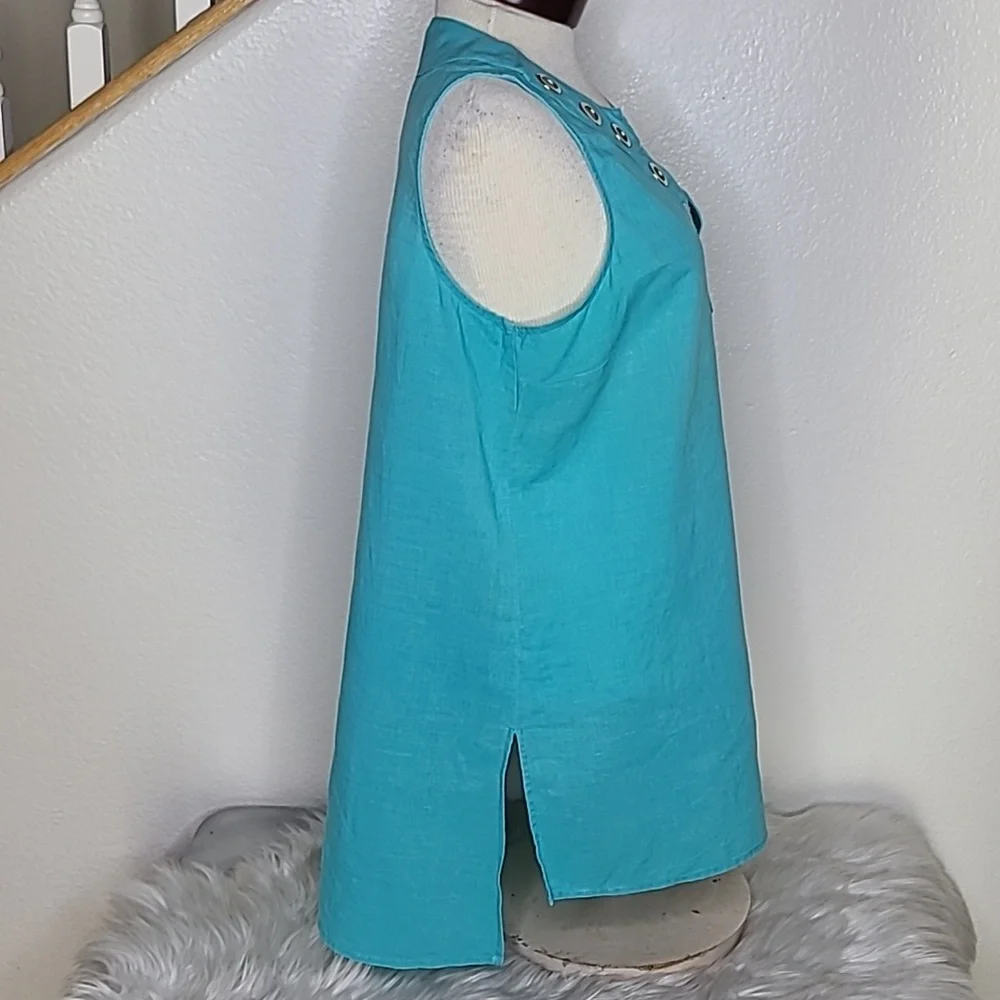 Top Size Large Turquoise Blue Linen Sleeveless Vacation Travel Casual Beach Cute - Picture 4 of 6